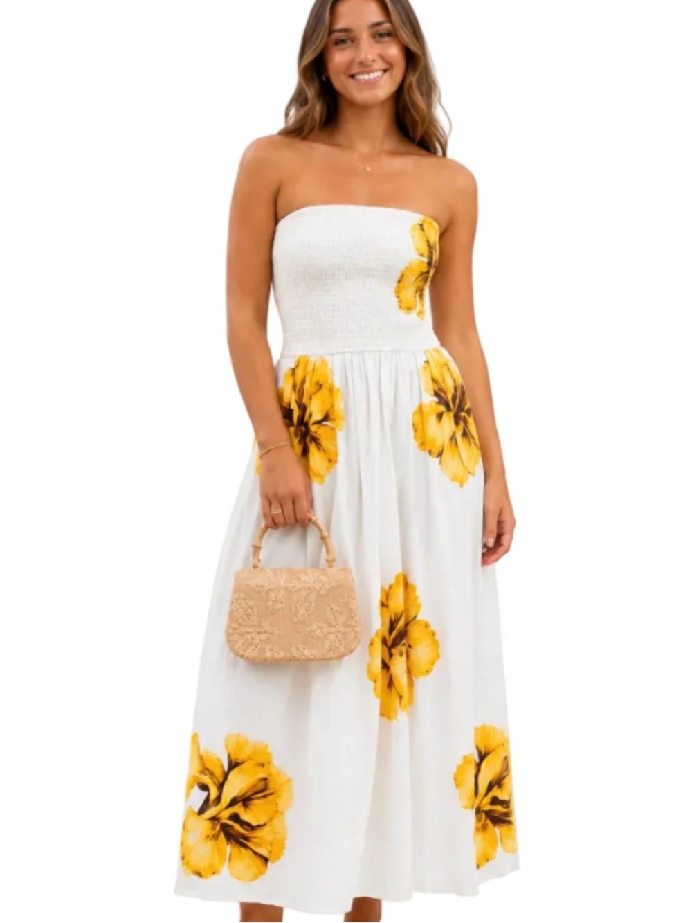 New Band of the Free Strapless White Maxi Dress with Yellow Floral Accents